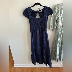 Jason Wu Navy Blue Smocked Eyelet Sleeve Midi Dress Size M